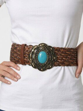 Debenhams Braided Western Belt Faux Leather Turquoise Stone Bronze Buckle M/L